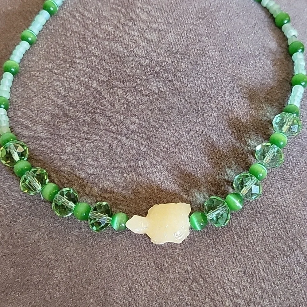 3/$30 HANDMADE Lime Fiber Optic Beaded Turtle Fetish Mermaidcore Necklace - Picture 7 of 8